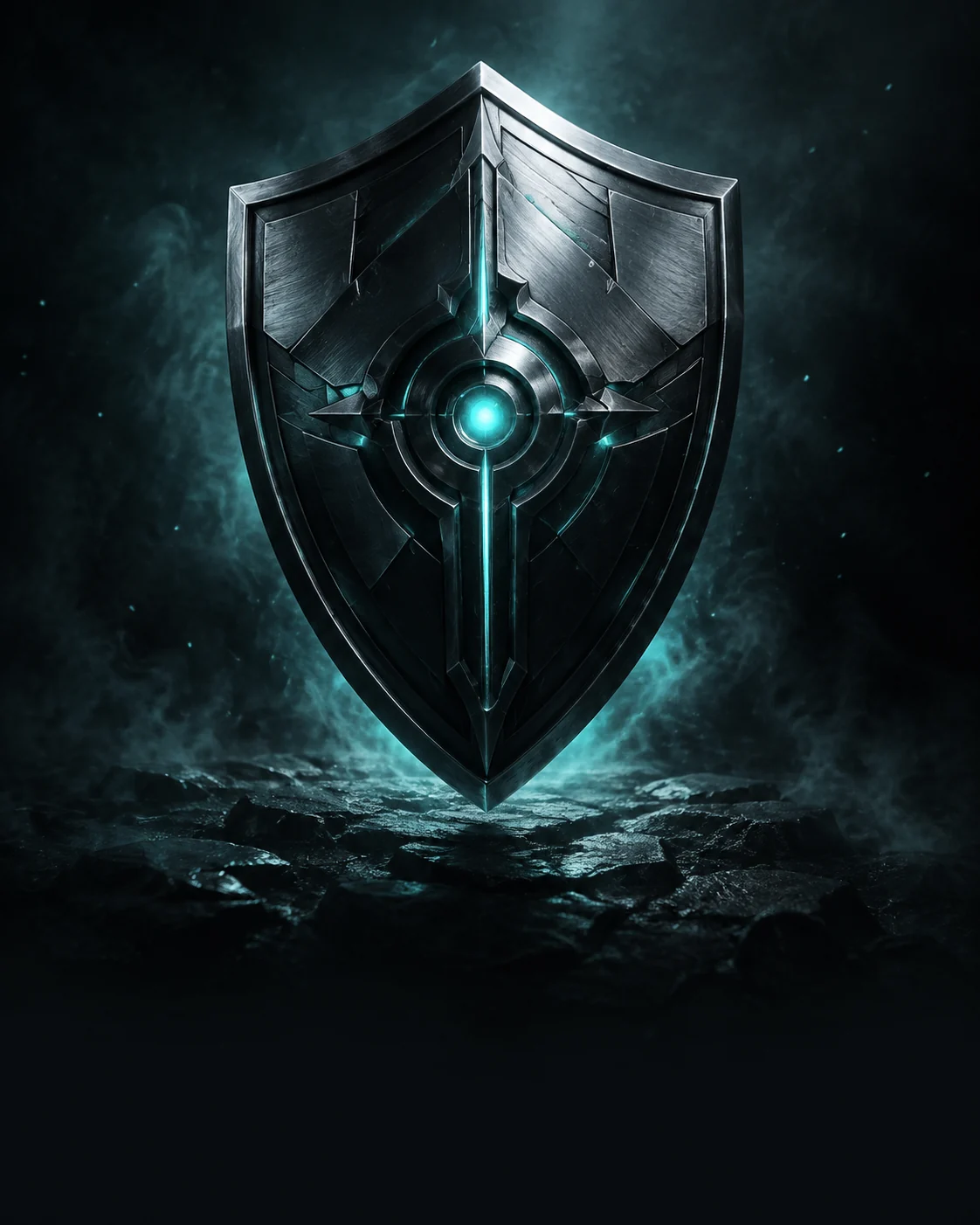 A sculpted titanium shield with a luminous cyan core